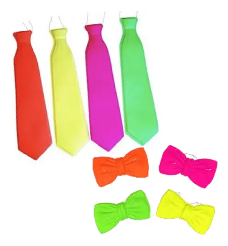 Combo Corbatas Y Moños Fluo Plastico Cotillon Carioca X24
