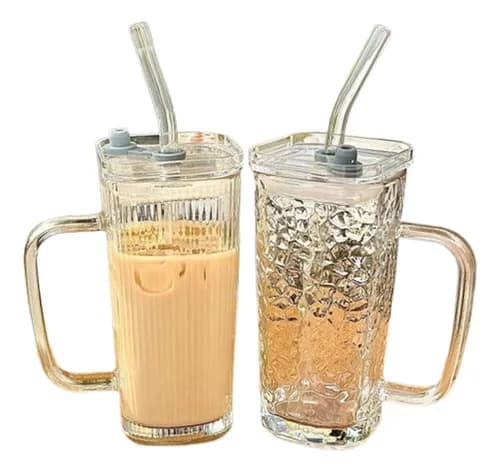 Taza Vaso Vidrio Para Bebidas 380ml Manija Tapa Hermética Taza Vidrio C/tapa