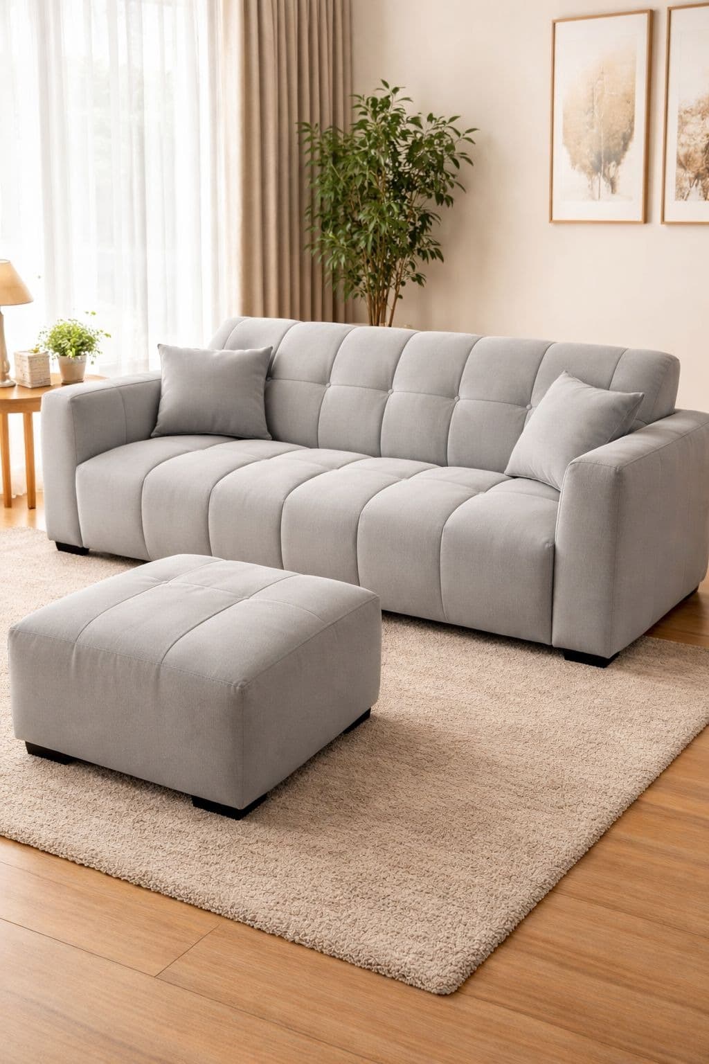 Juego de Living Sofá Canelón con Puff y Almohadones – Refugio, Equilibrio y Estilo Gris